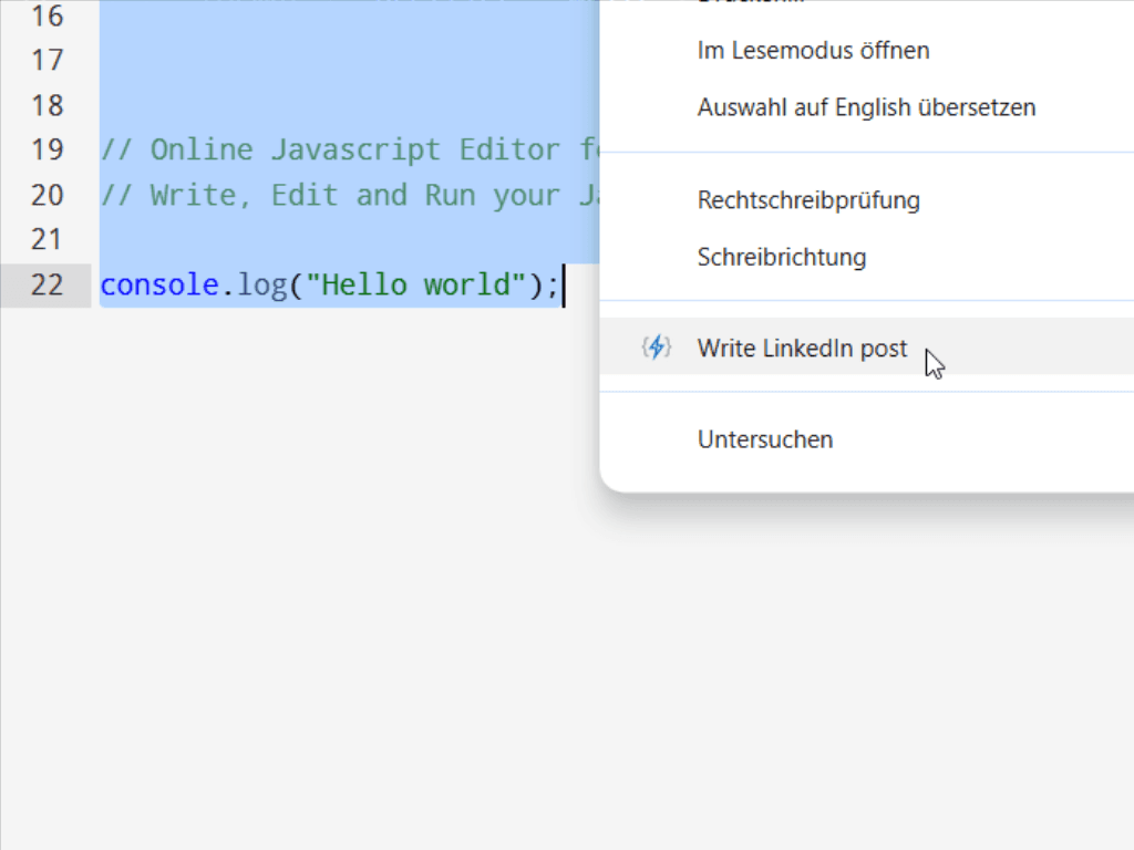 Browser screenshot with code selected and the right-click context menu showing Write LinkedIn post