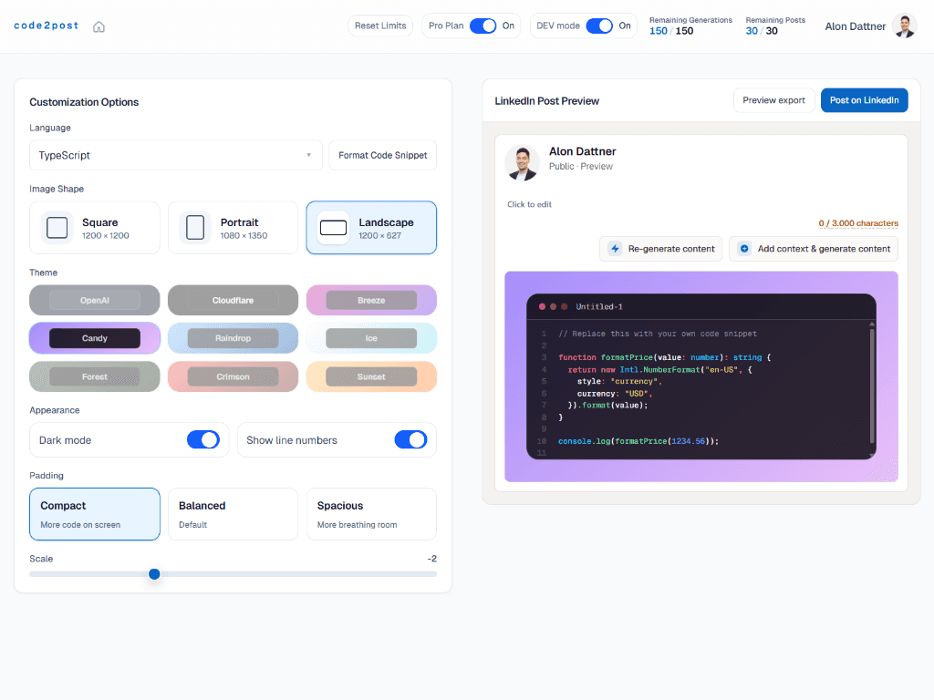 Generated output screen showing code image preview and customization options