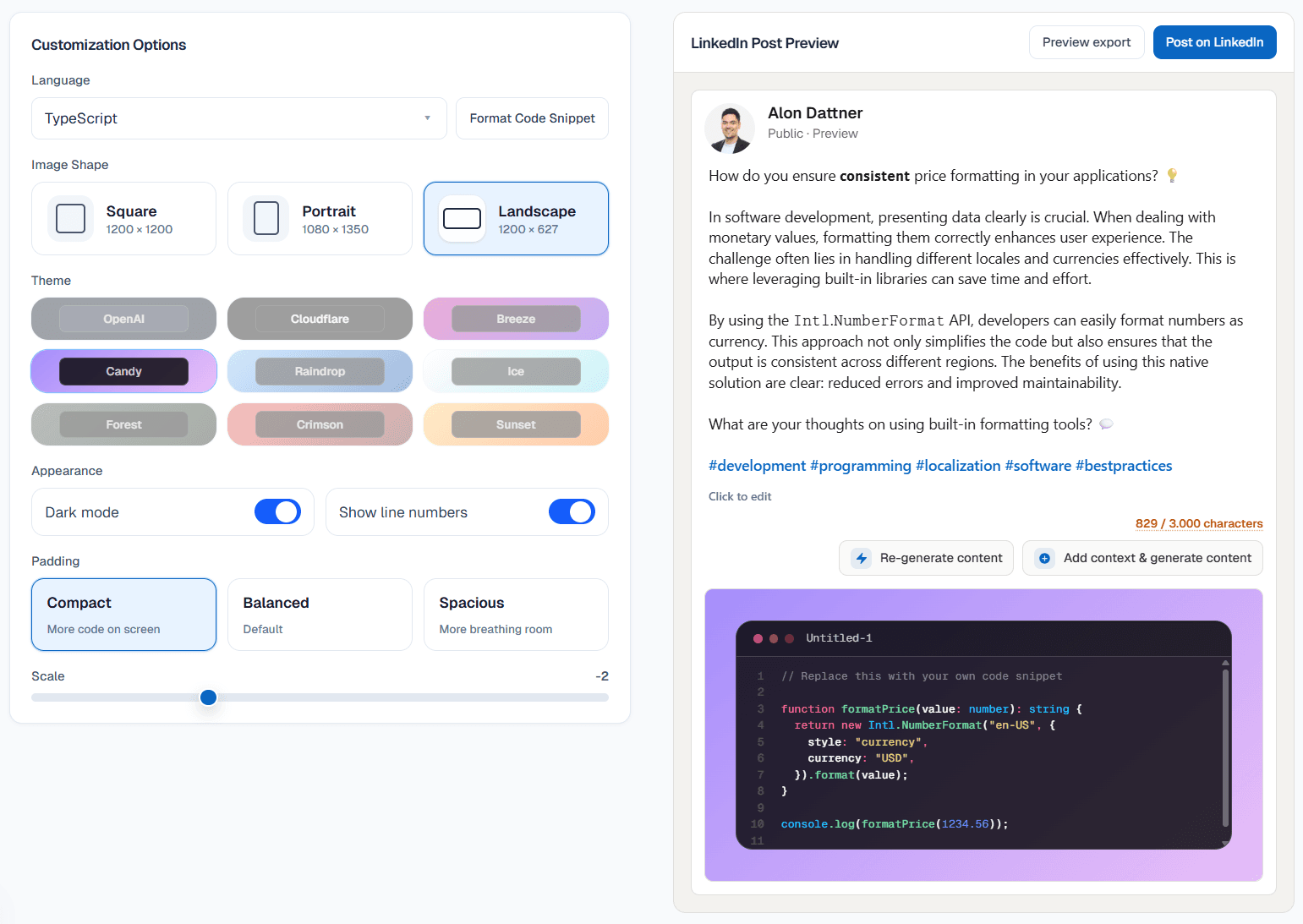 Main app editor in code2post showing the snippet editor, preview image, and generated LinkedIn post text